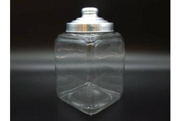 アンティーク雑貨　当時物　デッドストック　アルミ蓋　レトロな雰囲気を醸し出すガラス瓶3個セット(角型、角瓶、キャニスター、ガラスビン、菓子瓶、硝子、フタ付き)(R-075872)