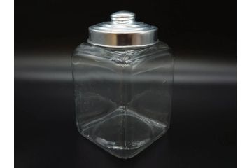 アンティーク雑貨　当時物　デッドストック　アルミ蓋　レトロな雰囲気を醸し出すガラス瓶3個セット(角型、角瓶、キャニスター、ガラスビン、菓子瓶、硝子、フタ付き)(R-075873)