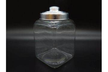 アンティーク雑貨　当時物　デッドストック　アルミ蓋　レトロな雰囲気を醸し出すガラス瓶3個セット(角型、角瓶、キャニスター、ガラスビン、菓子瓶、硝子、フタ付き)(R-075873)