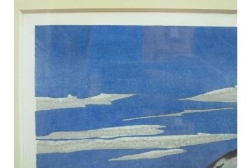真作　関野準一郎　「猪苗代湖」　直筆サイン入り　約P8号　木版画(絵画、額装)(R-075896)