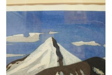 真作　関野準一郎　「猪苗代湖」　直筆サイン入り　約P8号　木版画(絵画、額装)(R-075896)