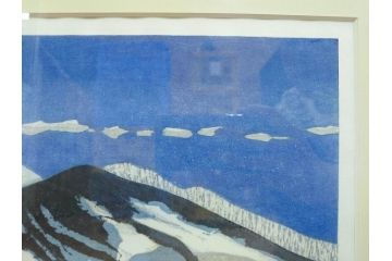 真作　関野準一郎　「猪苗代湖」　直筆サイン入り　約P8号　木版画(絵画、額装)(R-075896)