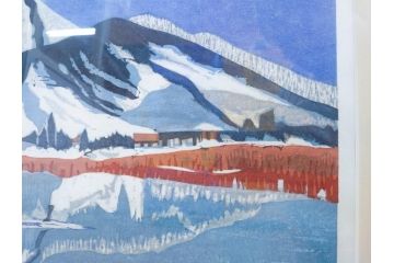 真作　関野準一郎　「猪苗代湖」　直筆サイン入り　約P8号　木版画(絵画、額装)(R-075896)