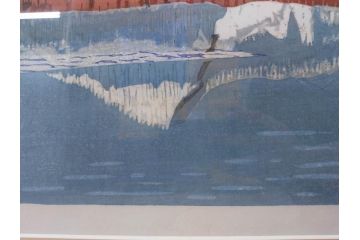 真作　関野準一郎　「猪苗代湖」　直筆サイン入り　約P8号　木版画(絵画、額装)(R-075896)