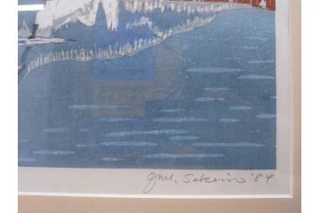 真作　関野準一郎　「猪苗代湖」　直筆サイン入り　約P8号　木版画(絵画、額装)(R-075896)