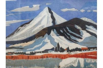 真作　関野準一郎　「猪苗代湖」　直筆サイン入り　約P8号　木版画(絵画、額装)(R-075896)