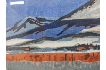 真作　関野準一郎　「猪苗代湖」　直筆サイン入り　約P8号　木版画(絵画、額装)(R-075896)
