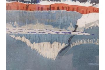 真作　関野準一郎　「猪苗代湖」　直筆サイン入り　約P8号　木版画(絵画、額装)(R-075896)