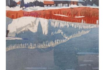 真作　関野準一郎　「猪苗代湖」　直筆サイン入り　約P8号　木版画(絵画、額装)(R-075896)
