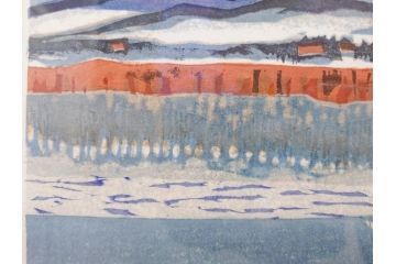 真作　関野準一郎　「猪苗代湖」　直筆サイン入り　約P8号　木版画(絵画、額装)(R-075896)