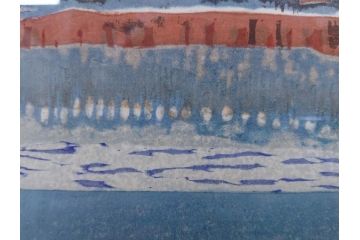 真作　関野準一郎　「猪苗代湖」　直筆サイン入り　約P8号　木版画(絵画、額装)(R-075896)
