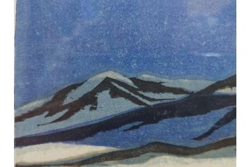 真作　関野準一郎　「猪苗代湖」　直筆サイン入り　約P8号　木版画(絵画、額装)(R-075896)