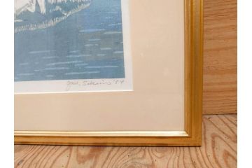 真作　関野準一郎　「猪苗代湖」　直筆サイン入り　約P8号　木版画(絵画、額装)(R-075896)