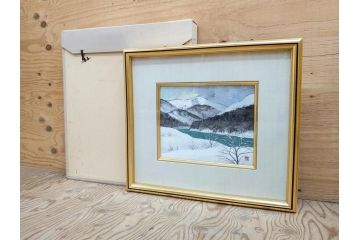 真作　松本栄　「雪の最上川」　日本画(絵画、風景、額装、共シール、箱付き)(R-075899)