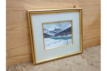 真作　松本栄　「雪の最上川」　日本画(絵画、風景、額装、共シール、箱付き)(R-075899)