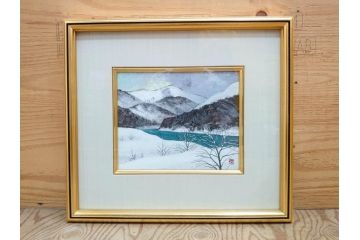 真作　松本栄　「雪の最上川」　日本画(絵画、風景、額装、共シール、箱付き)(R-075899)