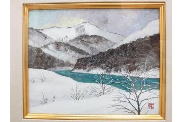 真作　松本栄　「雪の最上川」　日本画(絵画、風景、額装、共シール、箱付き)(R-075899)