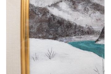 真作　松本栄　「雪の最上川」　日本画(絵画、風景、額装、共シール、箱付き)(R-075899)