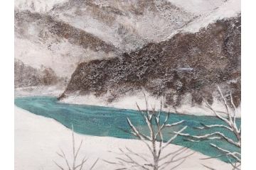 真作　松本栄　「雪の最上川」　日本画(絵画、風景、額装、共シール、箱付き)(R-075899)