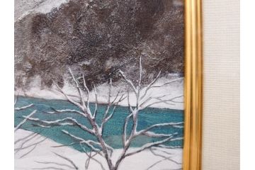 真作　松本栄　「雪の最上川」　日本画(絵画、風景、額装、共シール、箱付き)(R-075899)