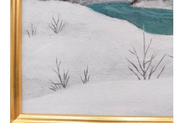 真作　松本栄　「雪の最上川」　日本画(絵画、風景、額装、共シール、箱付き)(R-075899)