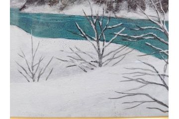 真作　松本栄　「雪の最上川」　日本画(絵画、風景、額装、共シール、箱付き)(R-075899)