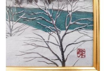 真作　松本栄　「雪の最上川」　日本画(絵画、風景、額装、共シール、箱付き)(R-075899)