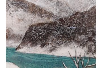 真作　松本栄　「雪の最上川」　日本画(絵画、風景、額装、共シール、箱付き)(R-075899)