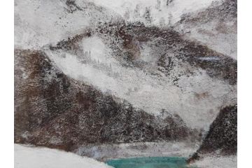 真作　松本栄　「雪の最上川」　日本画(絵画、風景、額装、共シール、箱付き)(R-075899)