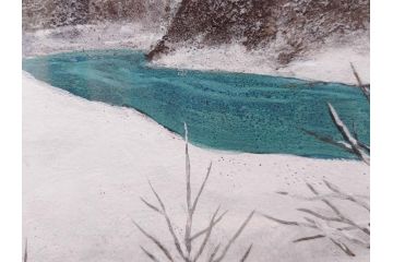 真作　松本栄　「雪の最上川」　日本画(絵画、風景、額装、共シール、箱付き)(R-075899)