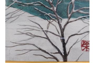 真作　松本栄　「雪の最上川」　日本画(絵画、風景、額装、共シール、箱付き)(R-075899)