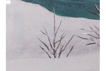 真作　松本栄　「雪の最上川」　日本画(絵画、風景、額装、共シール、箱付き)(R-075899)