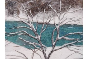 真作　松本栄　「雪の最上川」　日本画(絵画、風景、額装、共シール、箱付き)(R-075899)