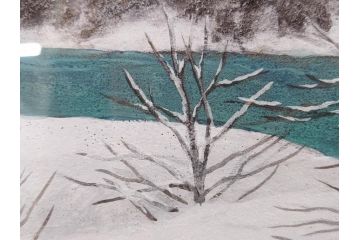 真作　松本栄　「雪の最上川」　日本画(絵画、風景、額装、共シール、箱付き)(R-075899)