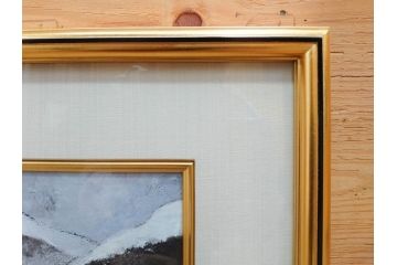 真作　松本栄　「雪の最上川」　日本画(絵画、風景、額装、共シール、箱付き)(R-075899)