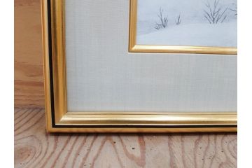 真作　松本栄　「雪の最上川」　日本画(絵画、風景、額装、共シール、箱付き)(R-075899)
