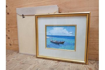 真作　松本栄　「珊瑚礁の海」　日本画(絵画、風景、額装、共シール、箱付き)(R-075900)