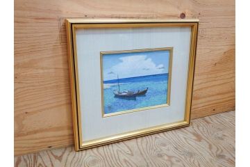 真作　松本栄　「珊瑚礁の海」　日本画(絵画、風景、額装、共シール、箱付き)(R-075900)
