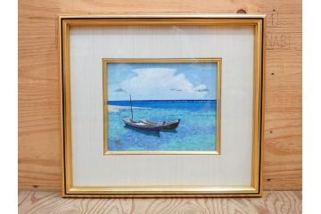 真作　松本栄　「珊瑚礁の海」　日本画(絵画、風景、額装、共シール、箱付き)(R-075900)