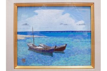 真作　松本栄　「珊瑚礁の海」　日本画(絵画、風景、額装、共シール、箱付き)(R-075900)