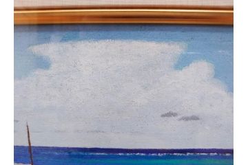 真作　松本栄　「珊瑚礁の海」　日本画(絵画、風景、額装、共シール、箱付き)(R-075900)