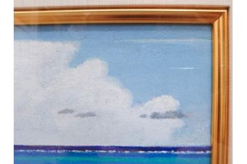 真作　松本栄　「珊瑚礁の海」　日本画(絵画、風景、額装、共シール、箱付き)(R-075900)