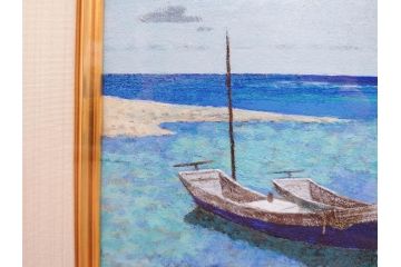 真作　松本栄　「珊瑚礁の海」　日本画(絵画、風景、額装、共シール、箱付き)(R-075900)