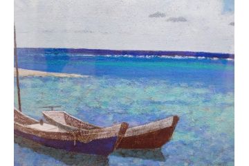 真作　松本栄　「珊瑚礁の海」　日本画(絵画、風景、額装、共シール、箱付き)(R-075900)
