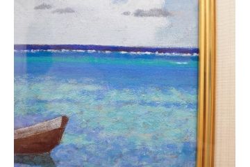 真作　松本栄　「珊瑚礁の海」　日本画(絵画、風景、額装、共シール、箱付き)(R-075900)