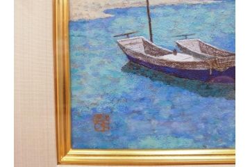 真作　松本栄　「珊瑚礁の海」　日本画(絵画、風景、額装、共シール、箱付き)(R-075900)