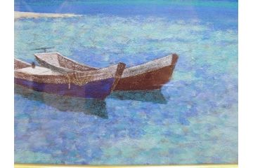 真作　松本栄　「珊瑚礁の海」　日本画(絵画、風景、額装、共シール、箱付き)(R-075900)
