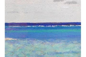 真作　松本栄　「珊瑚礁の海」　日本画(絵画、風景、額装、共シール、箱付き)(R-075900)