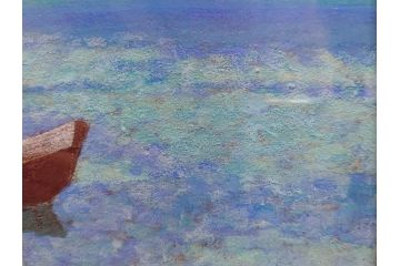 真作　松本栄　「珊瑚礁の海」　日本画(絵画、風景、額装、共シール、箱付き)(R-075900)