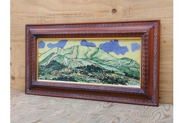 真作　超稀少　田崎広助(廣助)　「宝満山」　74.5cm×39.5cm　磁彩画(陶板画、陶額、額装)(R-075901)